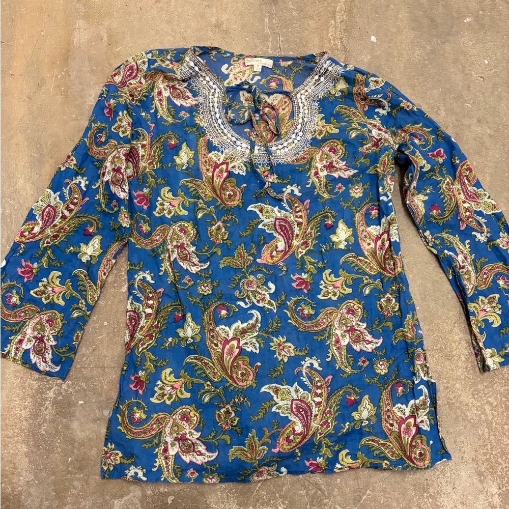 Solitaire los angelea Blue and Green Paisley cotton tunic with‎ beading
